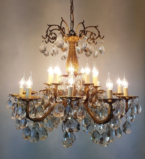Large C1900 20 Arm Gilt Brass Crystal Chandelier