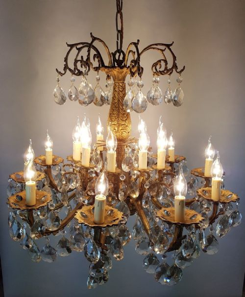 fig 1. Large c1900 20 Arm Gilt Brass Crystal Chandelier