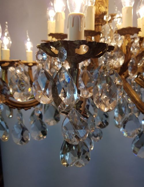 fig 6. Large c1900 20 Arm Gilt Brass Crystal Chandelier