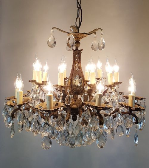 C1910 20 Arm Gilt Brass Crystal Chandelier
