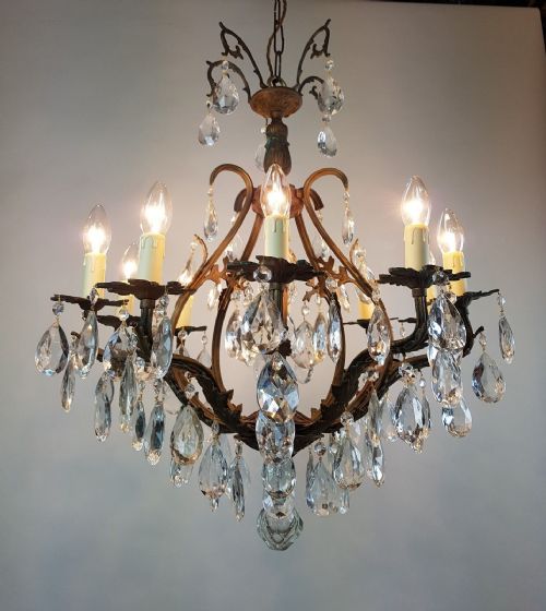 French C1910 10 Arm Gilt Brass Crystal Birdcage Chandelier