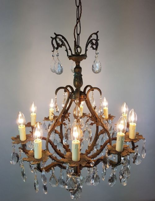 fig 1. French c1910 10 Arm Gilt Brass Crystal Birdcage Chandelier