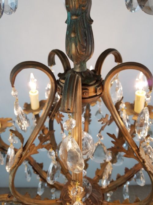 fig 2. French c1910 10 Arm Gilt Brass Crystal Birdcage Chandelier