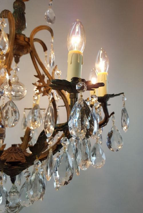 fig 3. French c1910 10 Arm Gilt Brass Crystal Birdcage Chandelier
