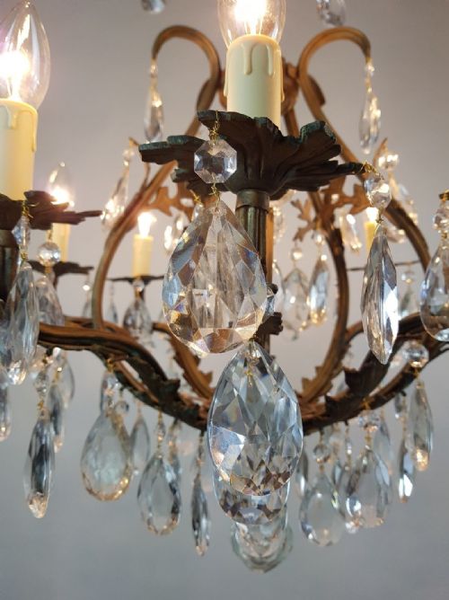 fig 4. French c1910 10 Arm Gilt Brass Crystal Birdcage Chandelier