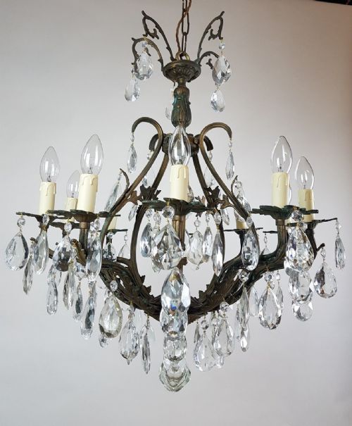 fig 5. French c1910 10 Arm Gilt Brass Crystal Birdcage Chandelier