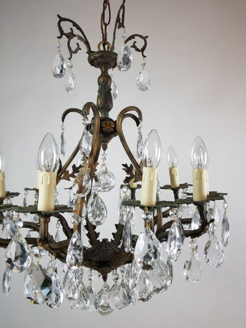 fig 6. French c1910 10 Arm Gilt Brass Crystal Birdcage Chandelier