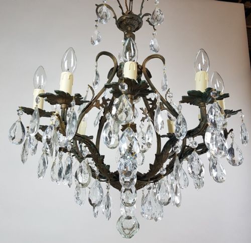 fig 7. French c1910 10 Arm Gilt Brass Crystal Birdcage Chandelier