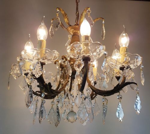 Small C1920 8 Arm Gilt Brass Glass Chandelier
