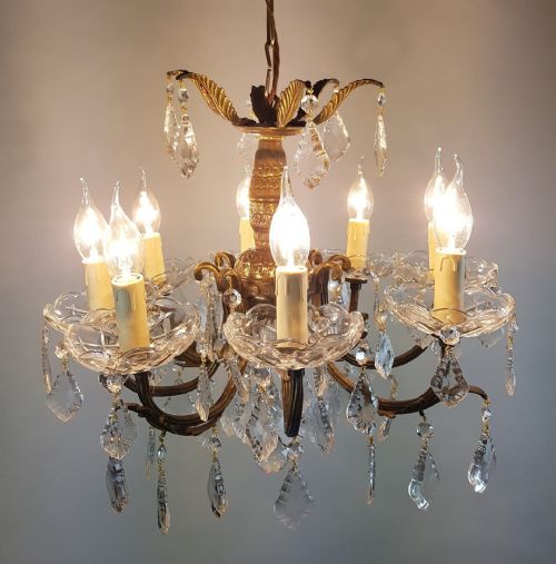 fig 1. Small c1920 8 Arm Gilt Brass Glass Chandelier