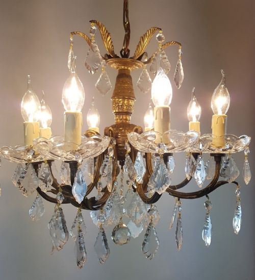 fig 2. Small c1920 8 Arm Gilt Brass Glass Chandelier