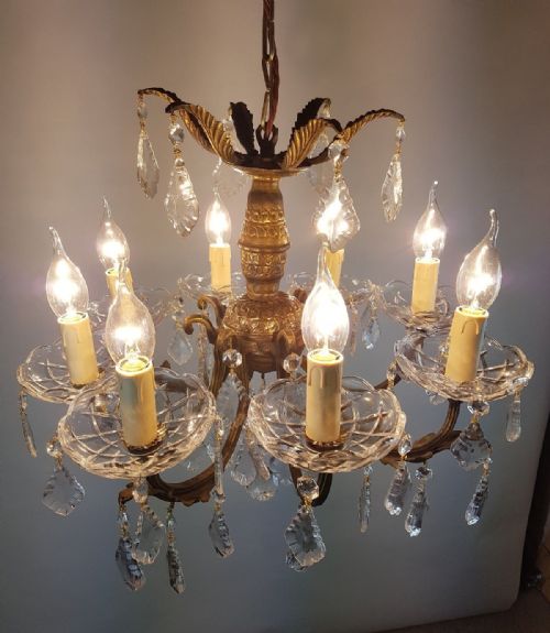 fig 3. Small c1920 8 Arm Gilt Brass Glass Chandelier