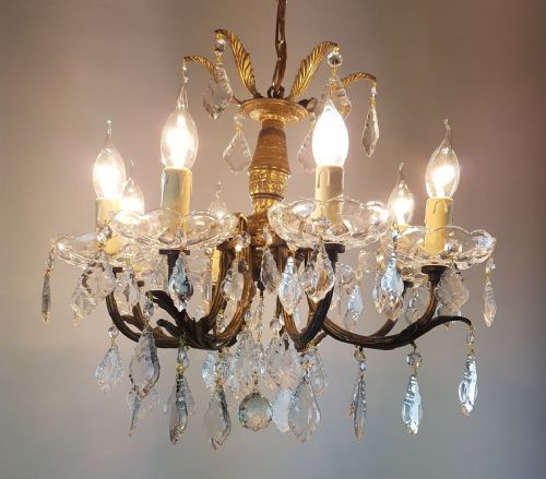 fig 4. Small c1920 8 Arm Gilt Brass Glass Chandelier