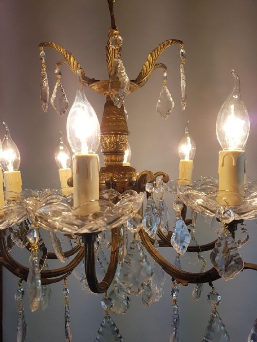 fig 5. Small c1920 8 Arm Gilt Brass Glass Chandelier