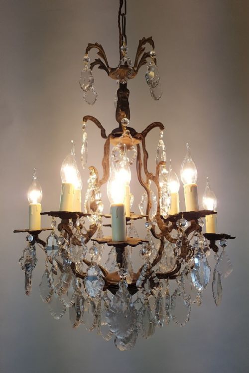 C1910 12 Arm Gilt Brass Birdcage Chandelier