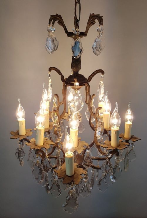 fig 1. c1910 12 Arm Gilt Brass Birdcage Chandelier