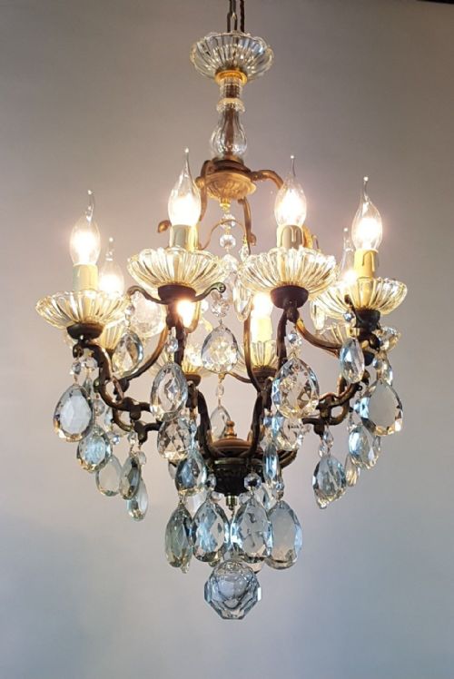 French C1910 Small 8 Arm Gilt Brass Bag Chandelier