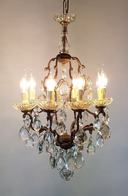 fig 1. French c1910 Small 8 Arm Gilt Brass Bag Chandelier