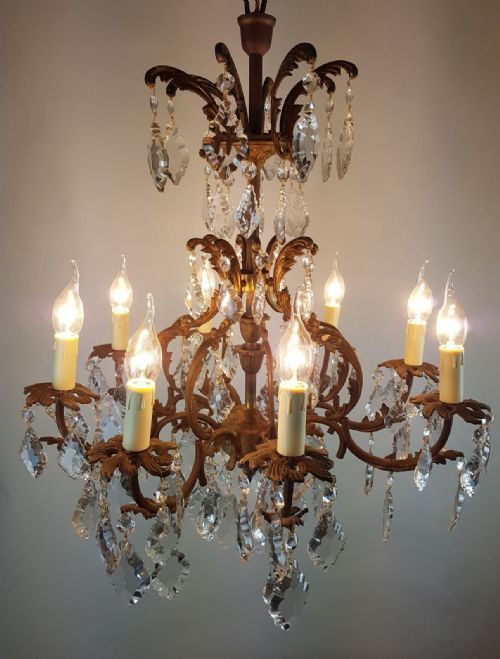 fig 1. c1910 8 Arm Gilt Brass Glass Birdcage Chandelier Fully Original Chain and Rose