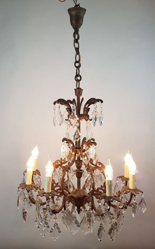 fig 2. c1910 8 Arm Gilt Brass Glass Birdcage Chandelier Fully Original Chain and Rose