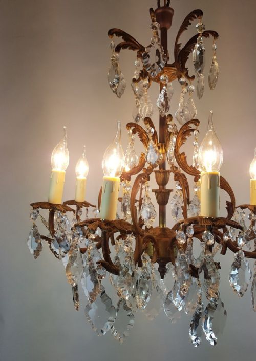fig 3. c1910 8 Arm Gilt Brass Glass Birdcage Chandelier Fully Original Chain and Rose