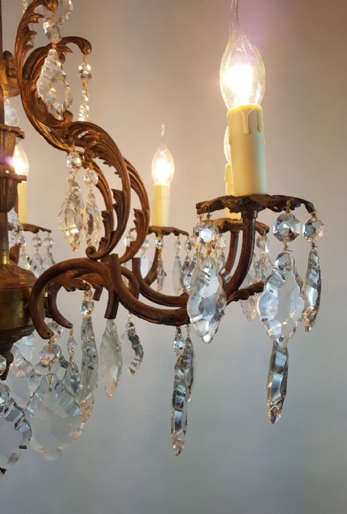 fig 5. c1910 8 Arm Gilt Brass Glass Birdcage Chandelier Fully Original Chain and Rose