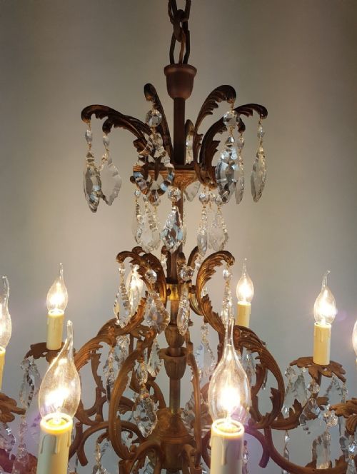 fig 6. c1910 8 Arm Gilt Brass Glass Birdcage Chandelier Fully Original Chain and Rose