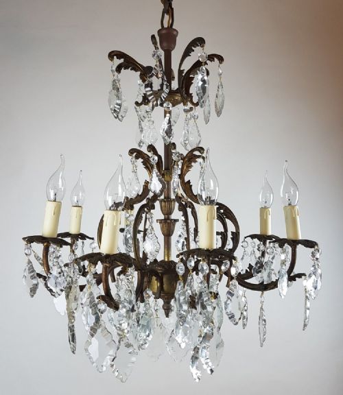 fig 7. c1910 8 Arm Gilt Brass Glass Birdcage Chandelier Fully Original Chain and Rose