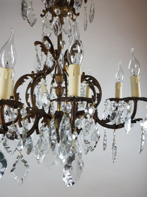fig 8. c1910 8 Arm Gilt Brass Glass Birdcage Chandelier Fully Original Chain and Rose