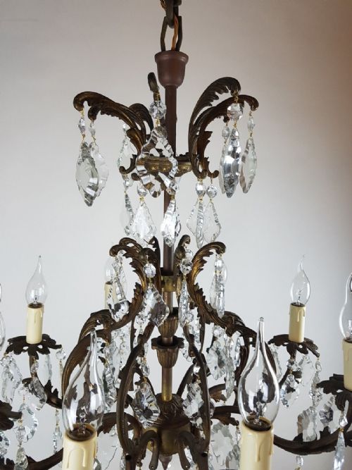 fig 9. c1910 8 Arm Gilt Brass Glass Birdcage Chandelier Fully Original Chain and Rose