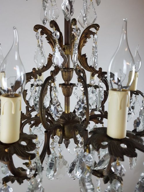 fig 10. c1910 8 Arm Gilt Brass Glass Birdcage Chandelier Fully Original Chain and Rose