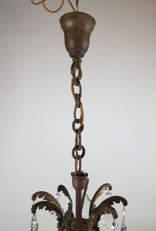 fig 11. c1910 8 Arm Gilt Brass Glass Birdcage Chandelier Fully Original Chain and Rose