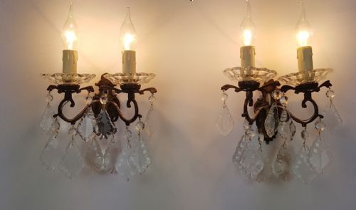 Pair of C1910 Dainty Glass Dish Brass Wall Lights