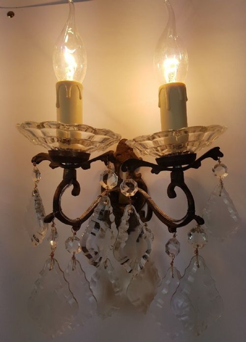 fig 1. Pair of c1910 Dainty Glass Dish Brass Wall Lights
