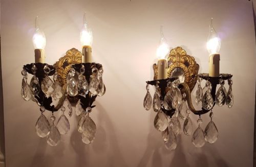 Pair of French C1910 Gilded Brass Crystal Wall Lights