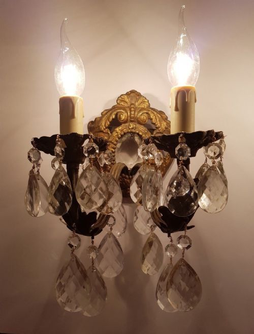 fig 1. Pair of French c1910 Gilded Brass Crystal Wall Lights