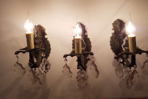 fig 3. Set of 3 c1910 Brass Single Arm Classical Face Wall Lights
