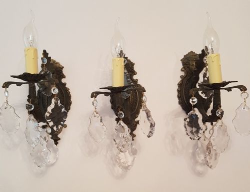 fig 7. Set of 3 c1910 Brass Single Arm Classical Face Wall Lights