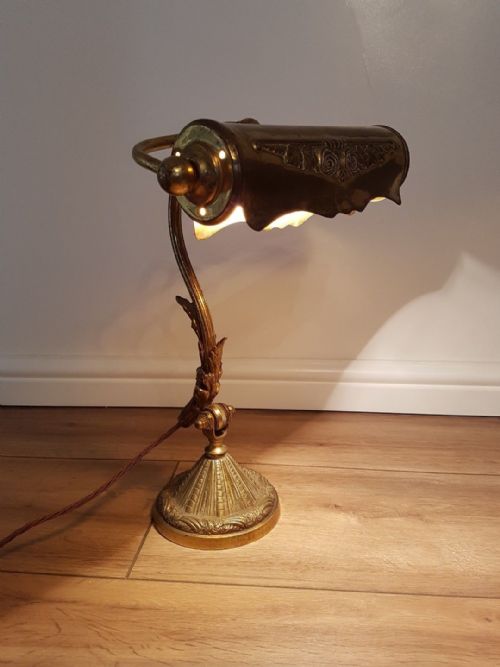 C1920 French Decorated Piano Bankers Lamp; Unpolished