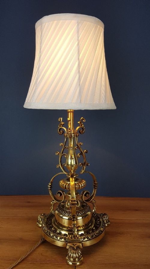Ornate Brass Table Lamp with Twisted Pleat Shade; Registration Marked