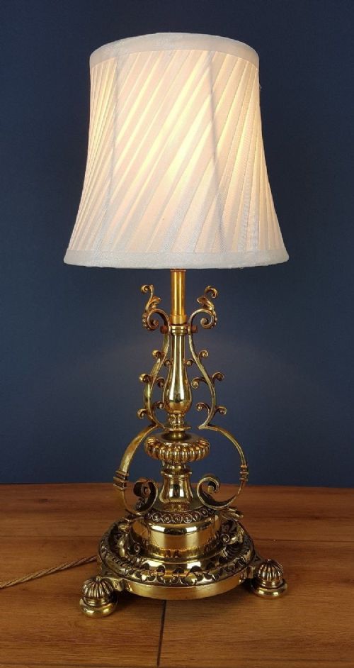 fig 1. Ornate Brass Table Lamp with Twisted Pleat Shade; Registration Marked