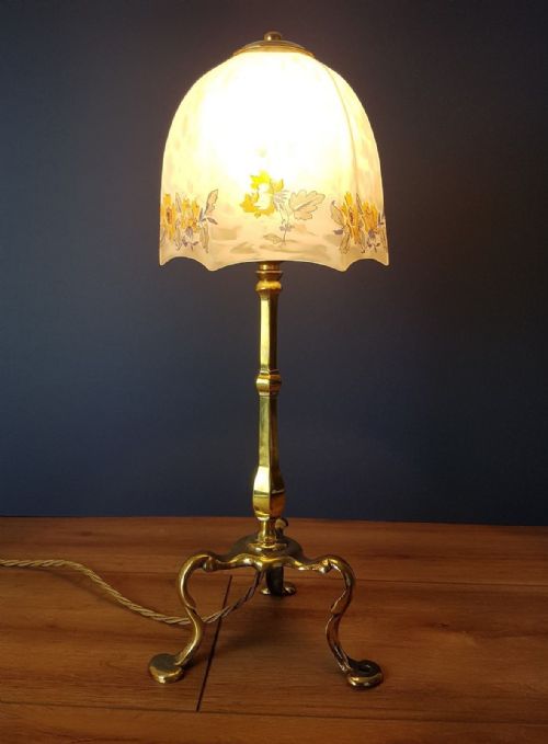 C1910 Brass Pullman Lamp with Decorated Floral Shade; Pat Tested