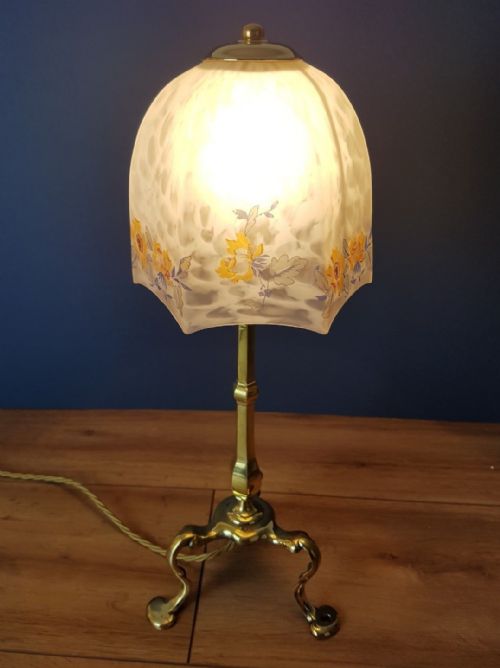 fig 1. c1910 Brass Pullman Lamp with Decorated Floral Shade; PAT Tested