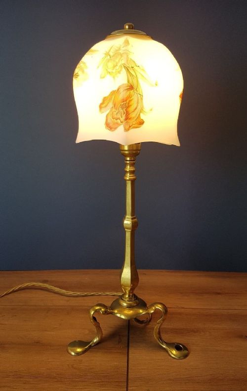 C1910 Brass Pullman Lamp with Decorated Beautiful Floral Shade