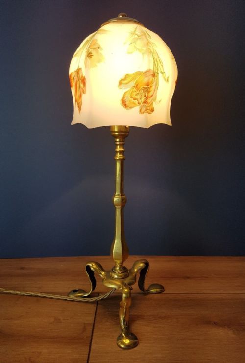 fig 1. c1910 Brass Pullman Lamp with Decorated Beautiful Floral Shade
