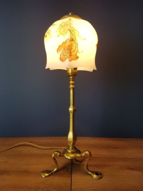 fig 3. c1910 Brass Pullman Lamp with Decorated Beautiful Floral Shade