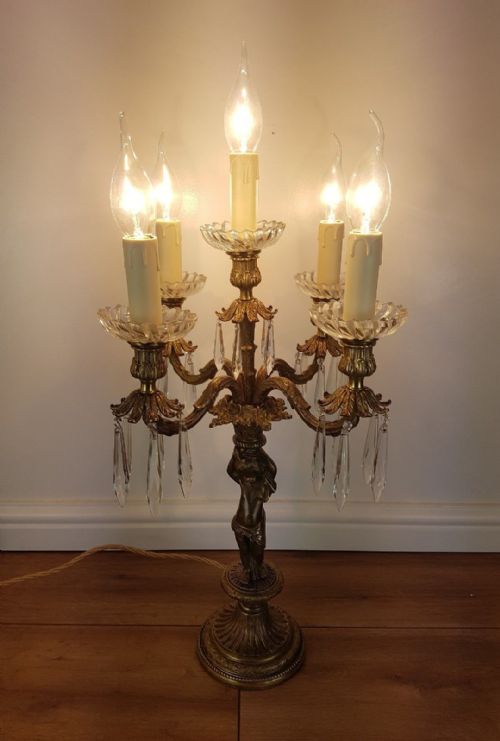 C1900 French Cherub 4 Arm Gilded Brass Crystal Candelabra