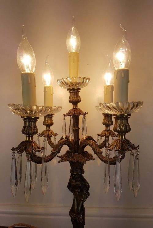 fig 1. c1900 French Cherub 4 Arm Gilded Brass Crystal Candelabra