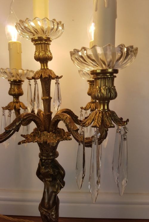 fig 2. c1900 French Cherub 4 Arm Gilded Brass Crystal Candelabra