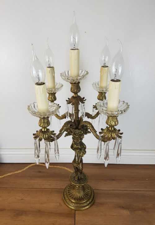 fig 3. c1900 French Cherub 4 Arm Gilded Brass Crystal Candelabra